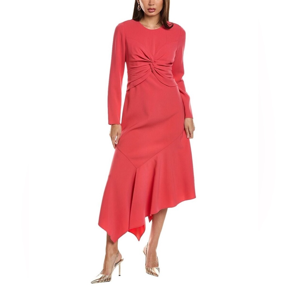 NWT Lafayette 148 New York Front-twist Midi Dress In Vibrant Coral Pink Orange